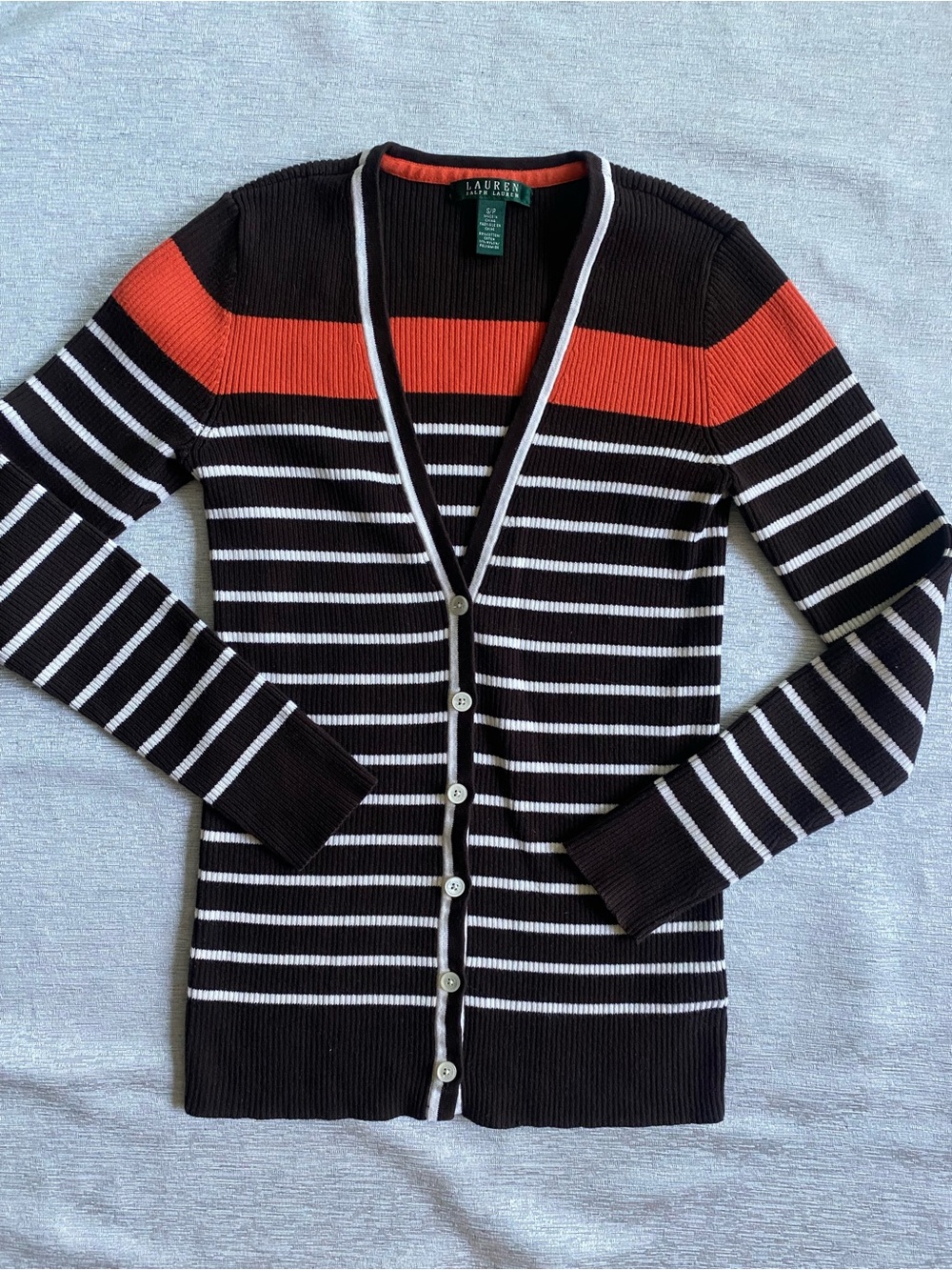 Lauren Ralph Lauren Ribbed Striped Cardigan Sweater  Brown Orange Button Front